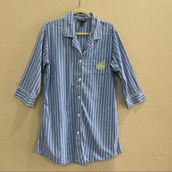 Lauren Ralph Lauren Soft Blue Stripe 100% Soft Cotton Night Sleep Shirt L Cozy - Picture 1 of 8